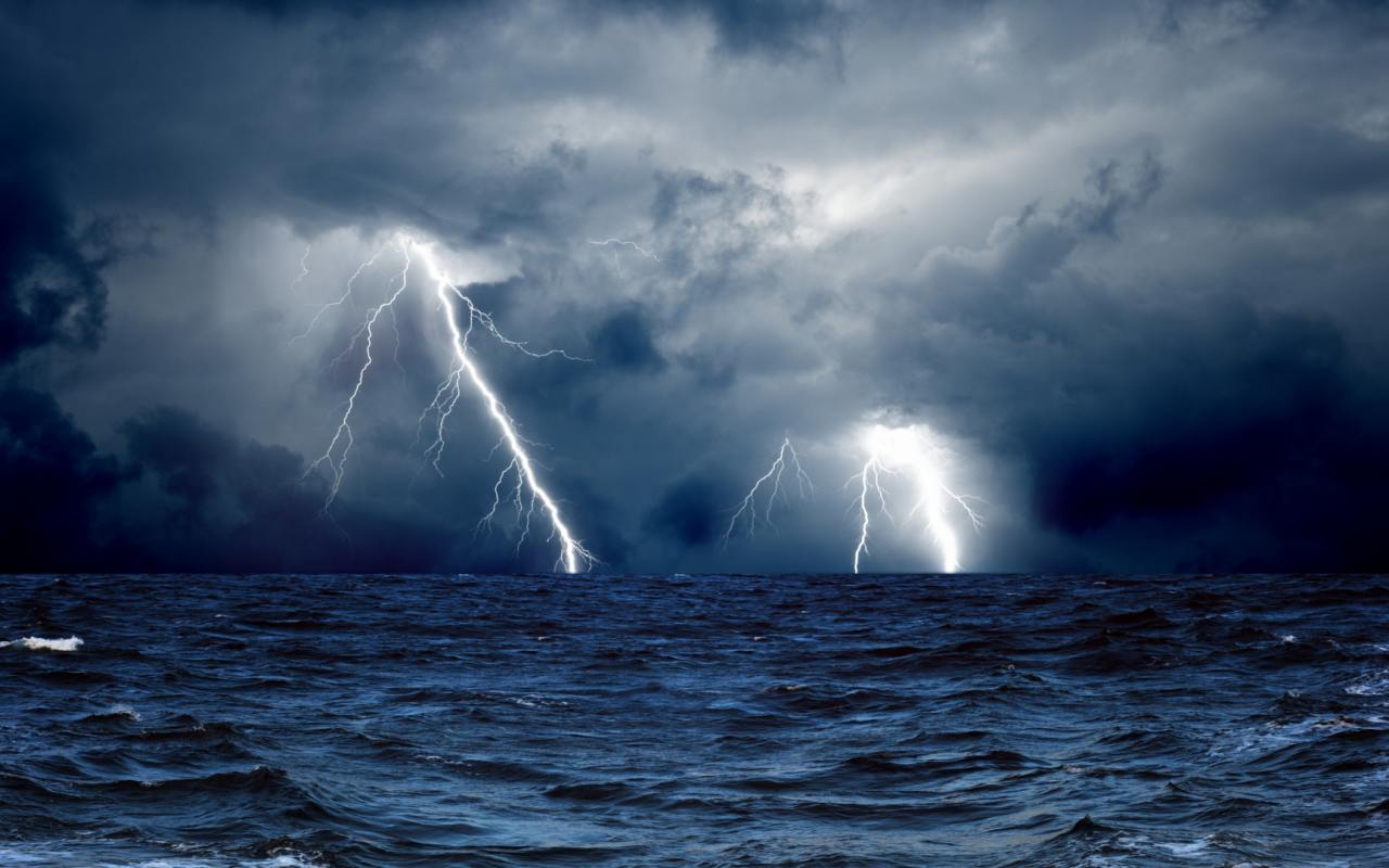 nature, sea, storm, lightning, wave