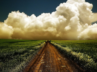 field, road, clouds