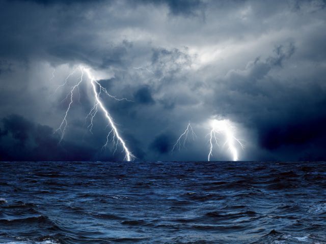 nature, sea, storm, lightning, wave