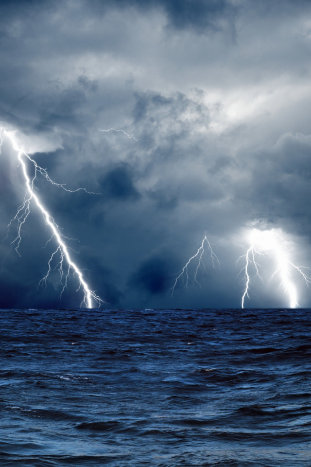 nature, sea, storm, lightning, wave