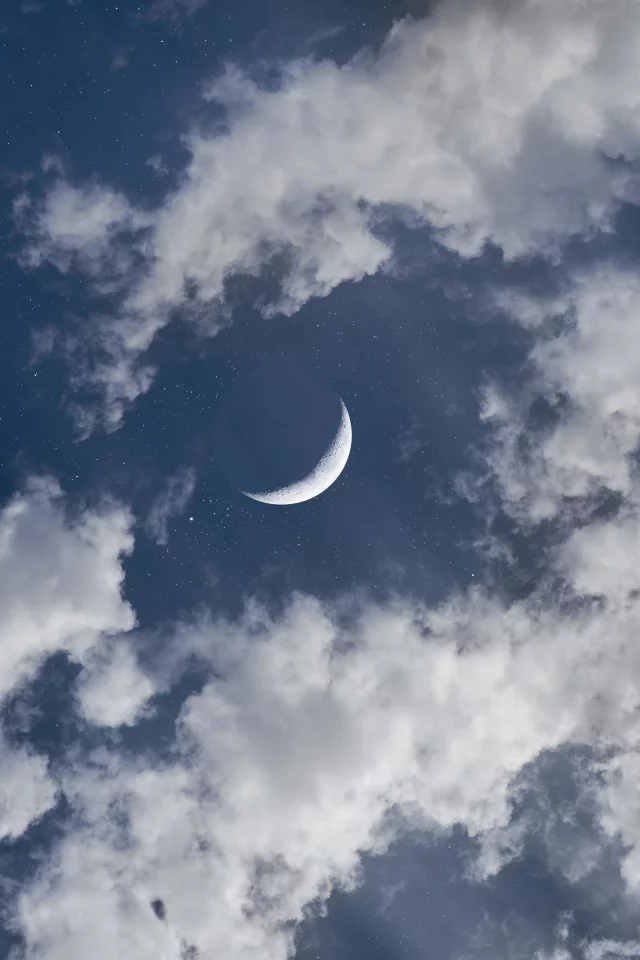 crescent, moon, halfmoon, clouds, blue, sky, cosmos, stars
