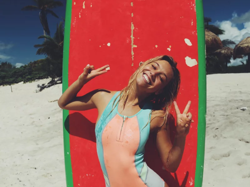 girl, surfing, smile, beach, indoor swimsuit, blonde