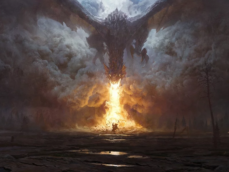 trees, fire, water, knight, horse, smoke