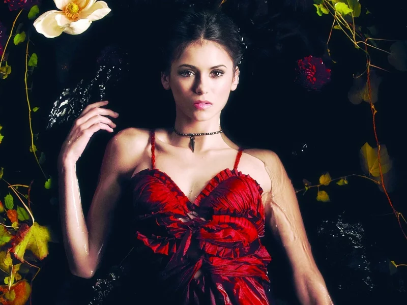 brunette girl, red dress