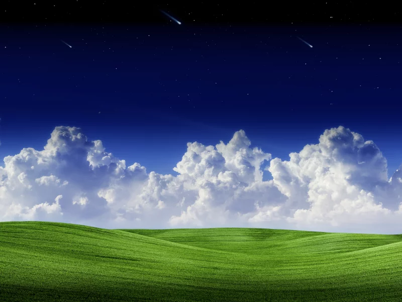 landscape, clouds, green, grass, starry, sky, falling, stars, blue