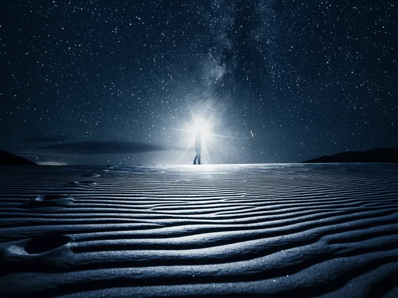 night, starry sky, light, desert, sand, dunes