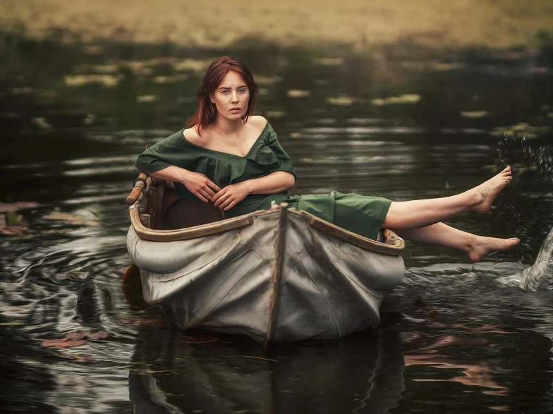 girl, beautiful, boat, lake