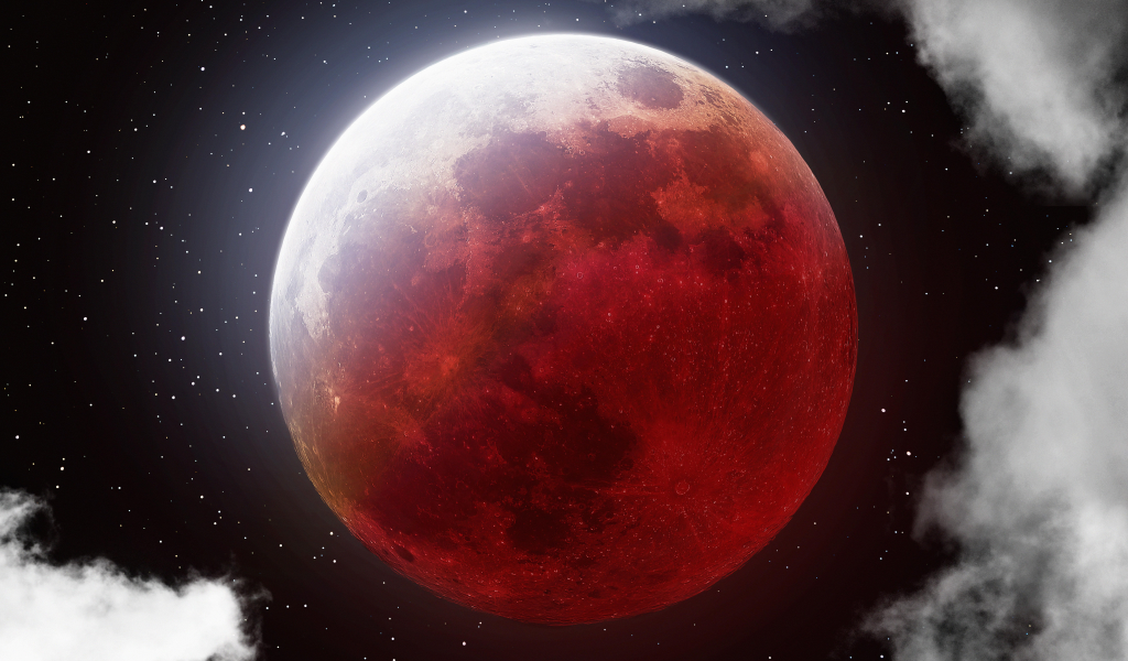 lunar, eclipse, blood, moon, clouds, stars