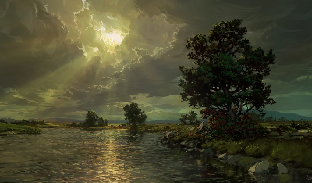 landscape, painting, nature, lake, tree, clouds, sun