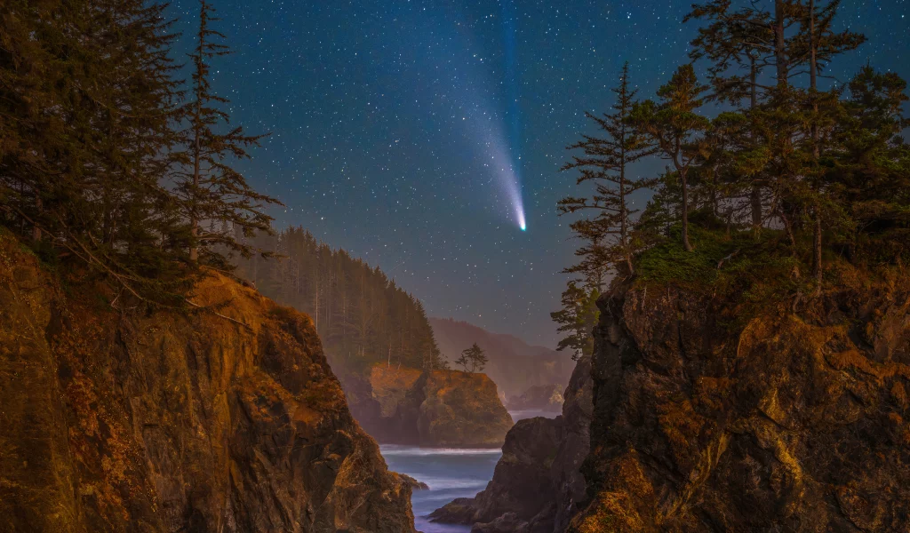 lake, mountains, starred, sky