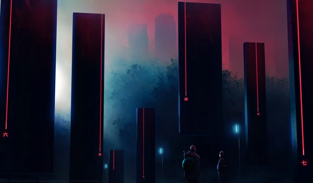 red, pillar, structure, black, cyberpunk