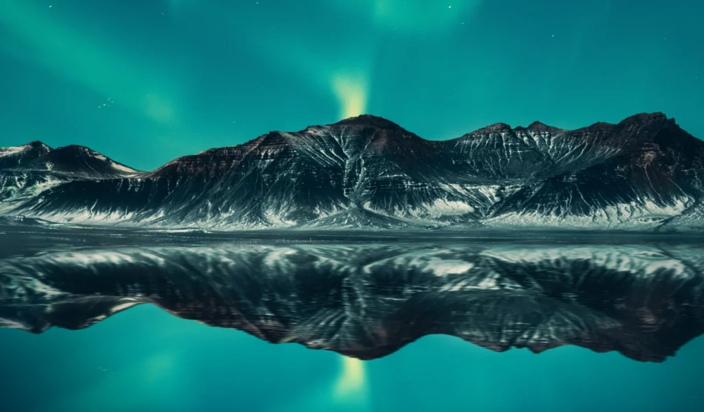 aurora, borealis, mountains, lake, sky, iceland