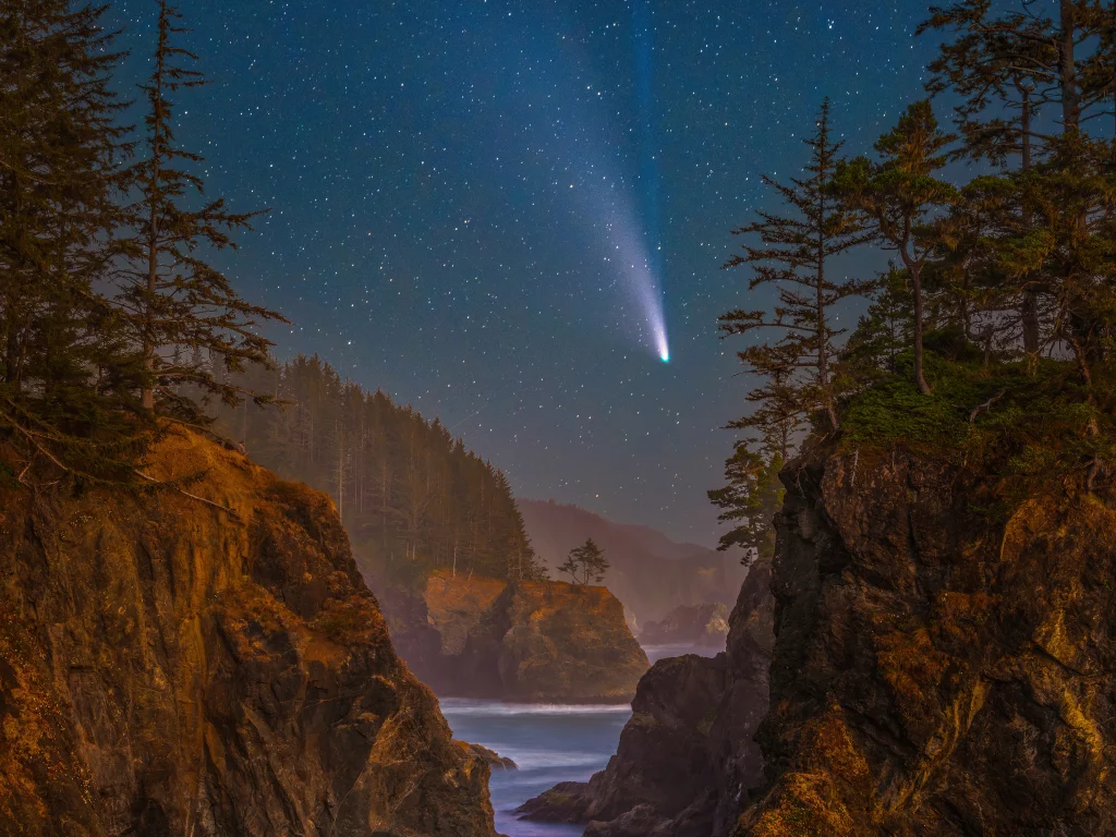 lake, mountains, starred, sky