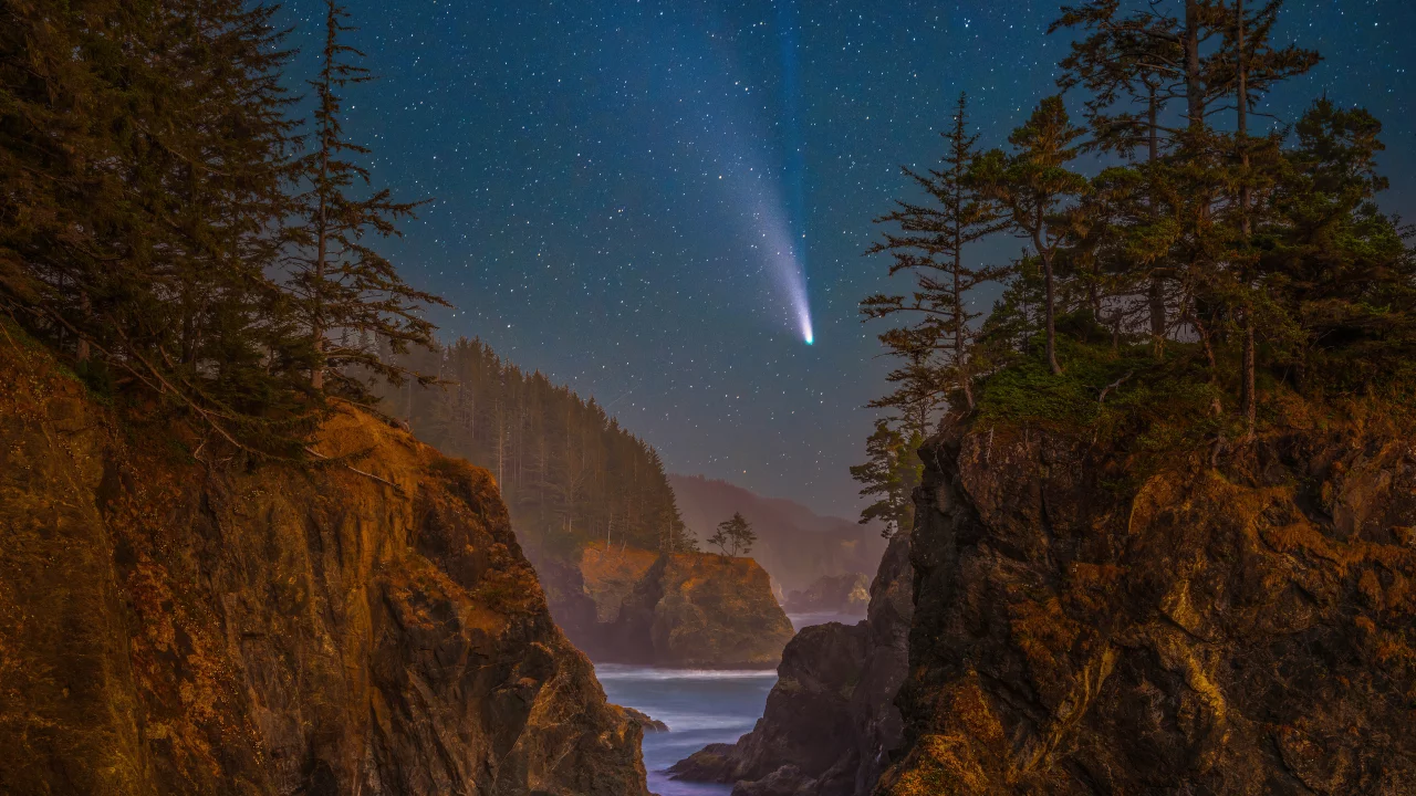 lake, mountains, starred, sky