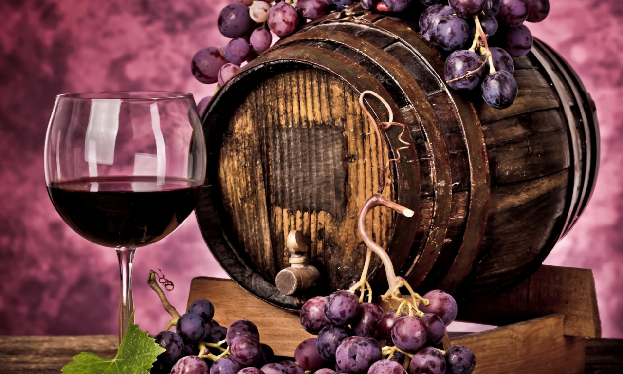 barrel, wine, glass, grapes