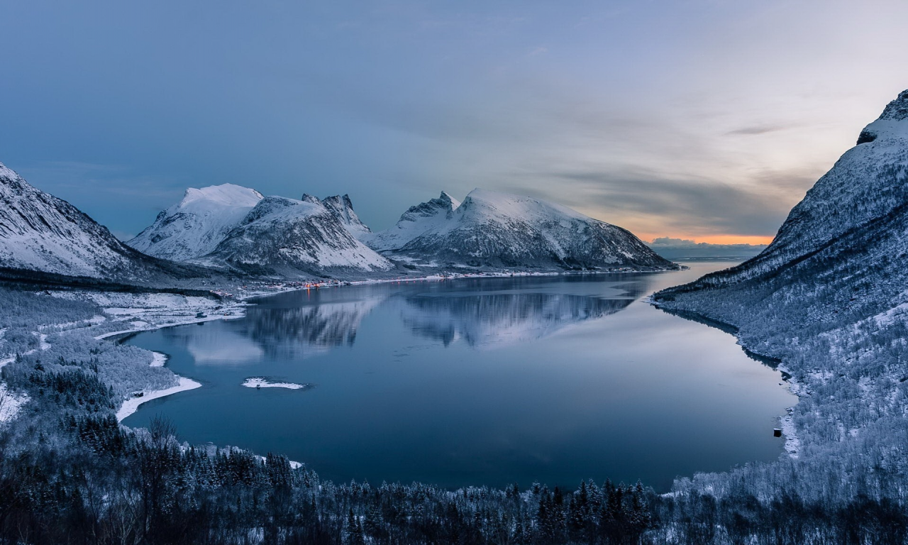 landscape, bay, snow, mountains