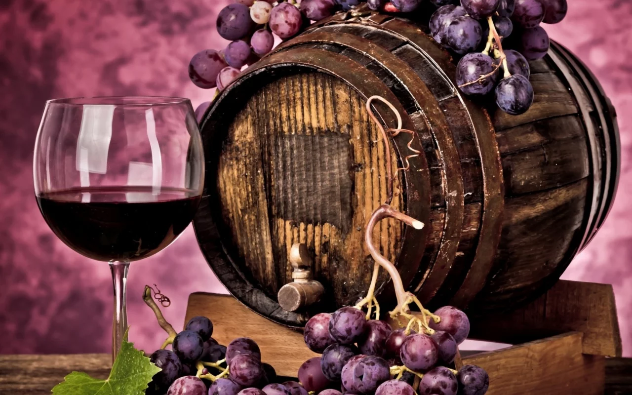 barrel, wine, glass, grapes