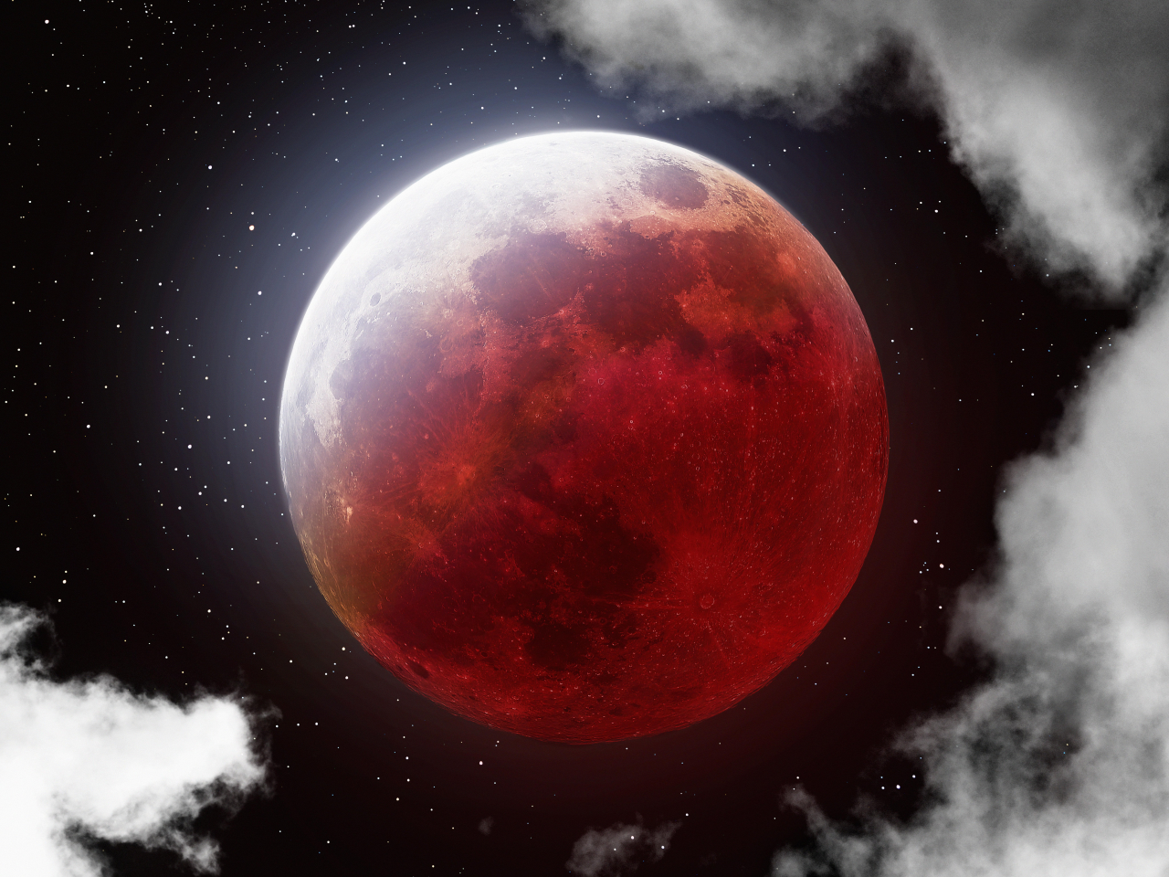 lunar, eclipse, blood, moon, clouds, stars