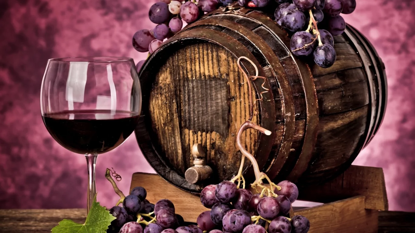 barrel, wine, glass, grapes