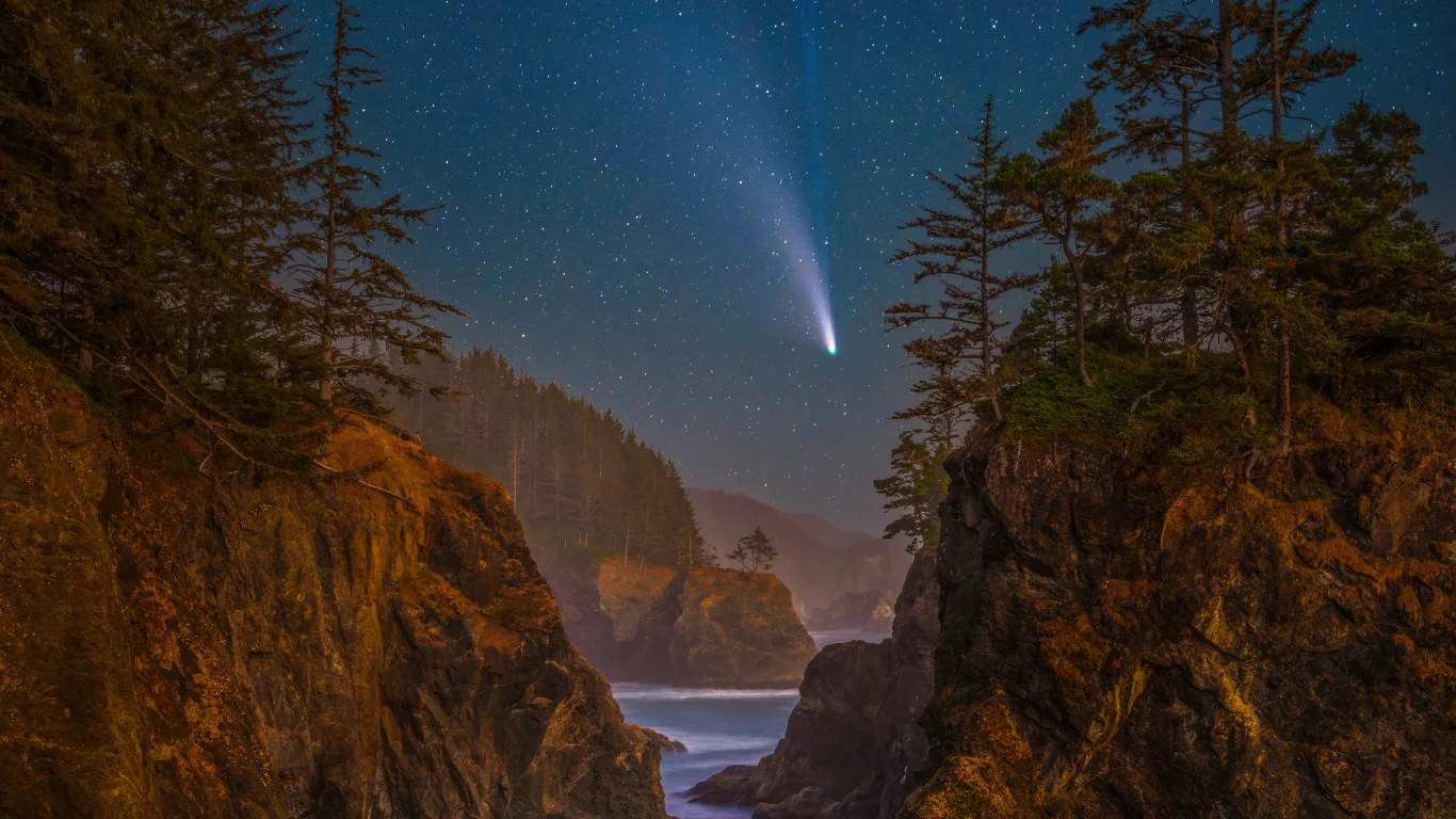 lake, mountains, starred, sky