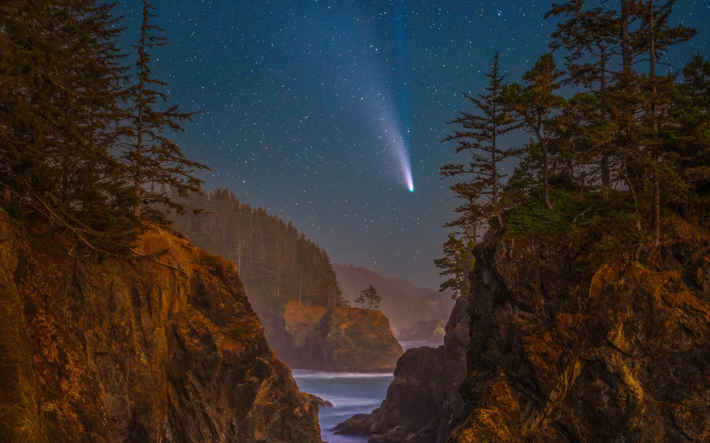 lake, mountains, starred, sky