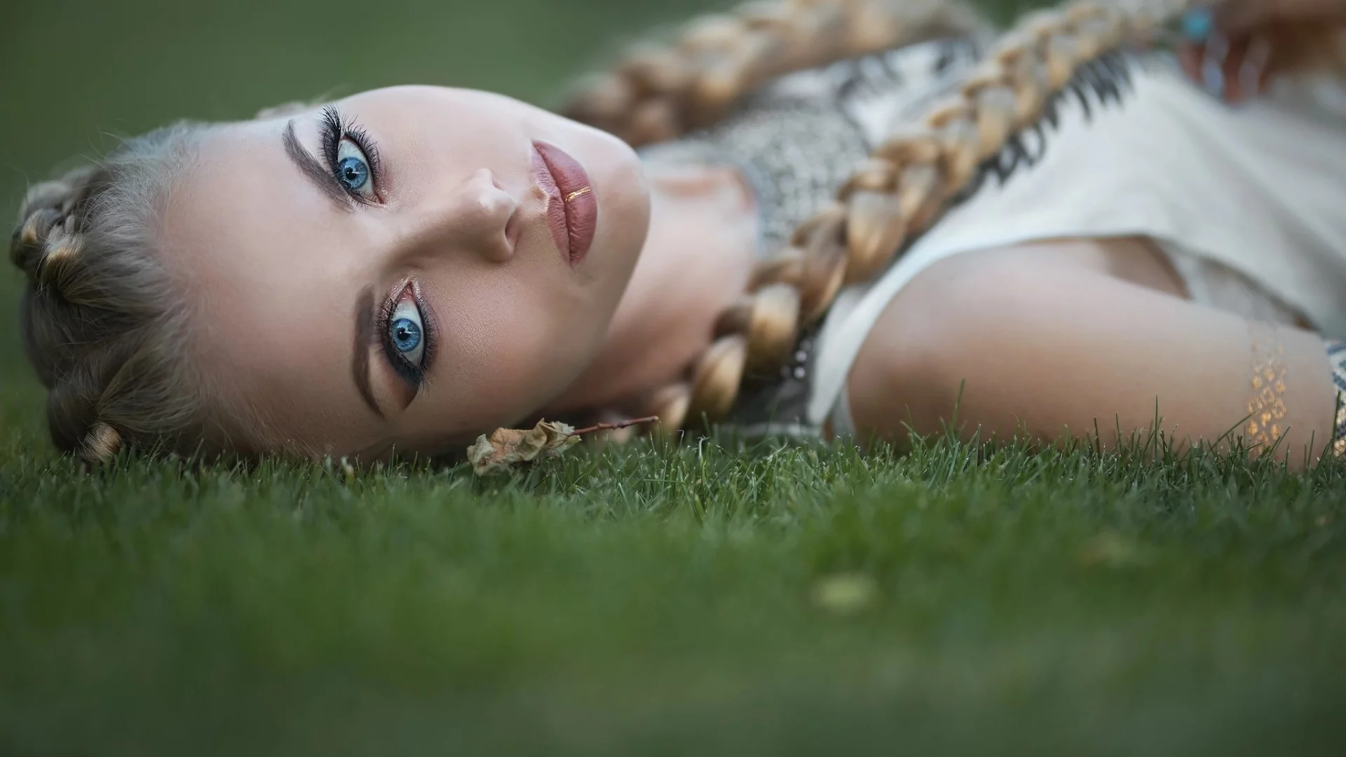 girl, beautiful, lying grass