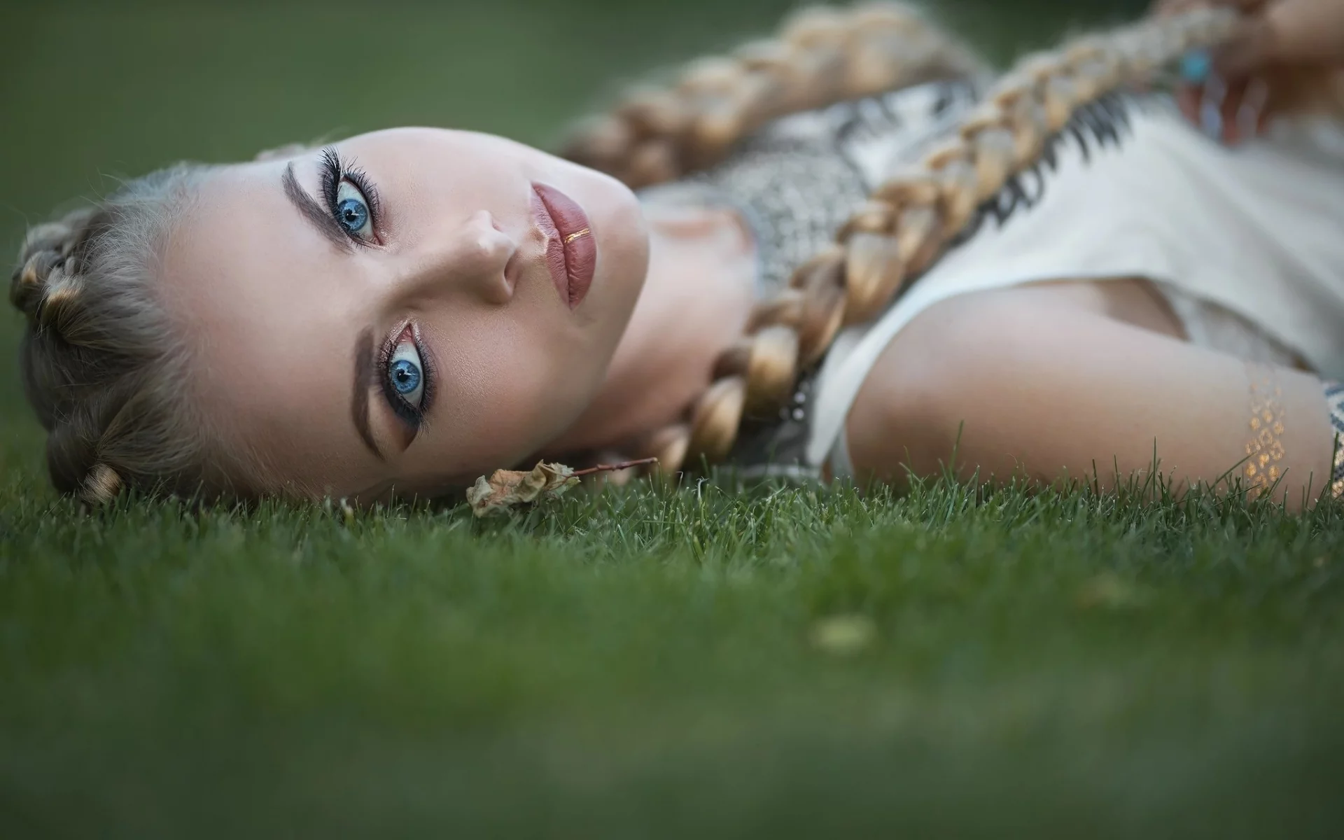 girl, beautiful, lying grass