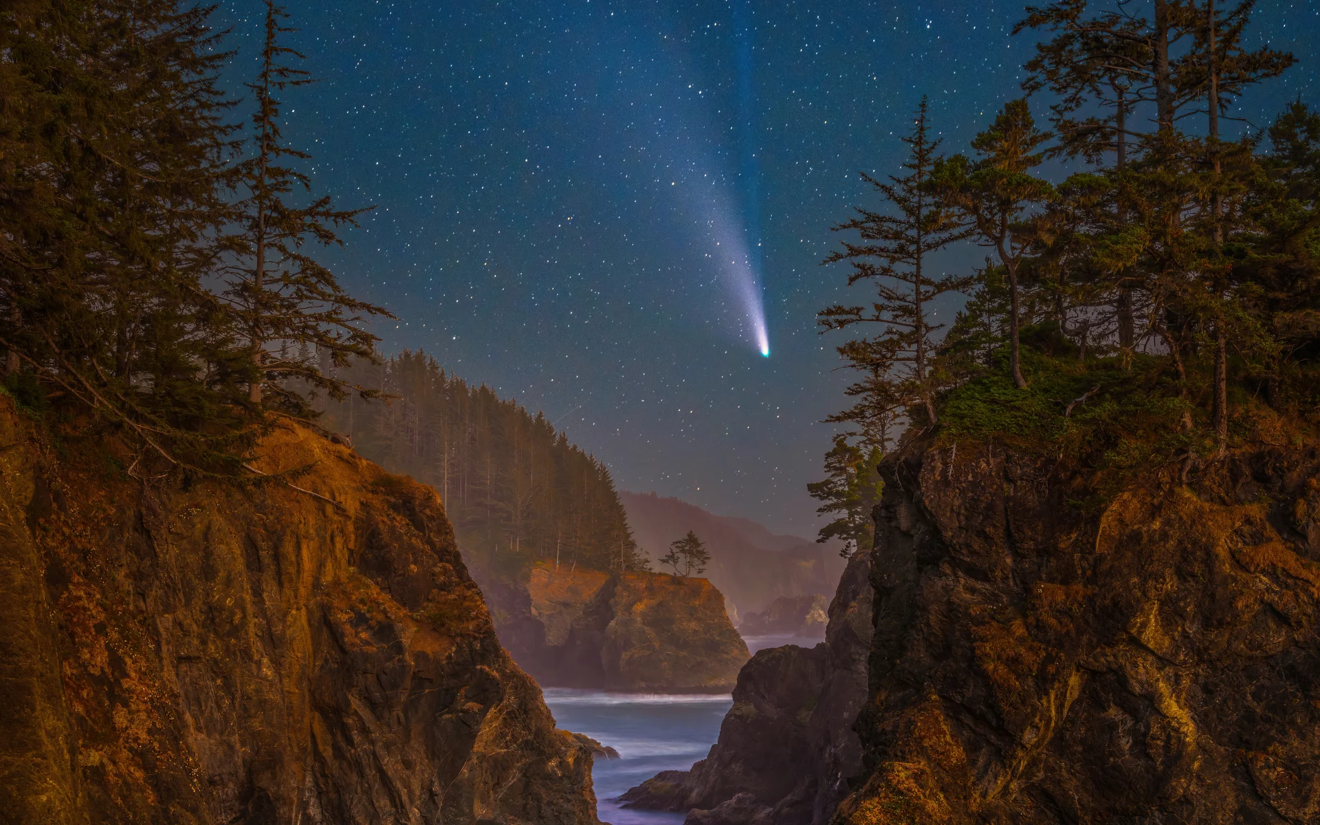 lake, mountains, starred, sky
