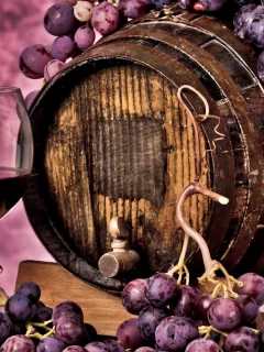 barrel, wine, glass, grapes