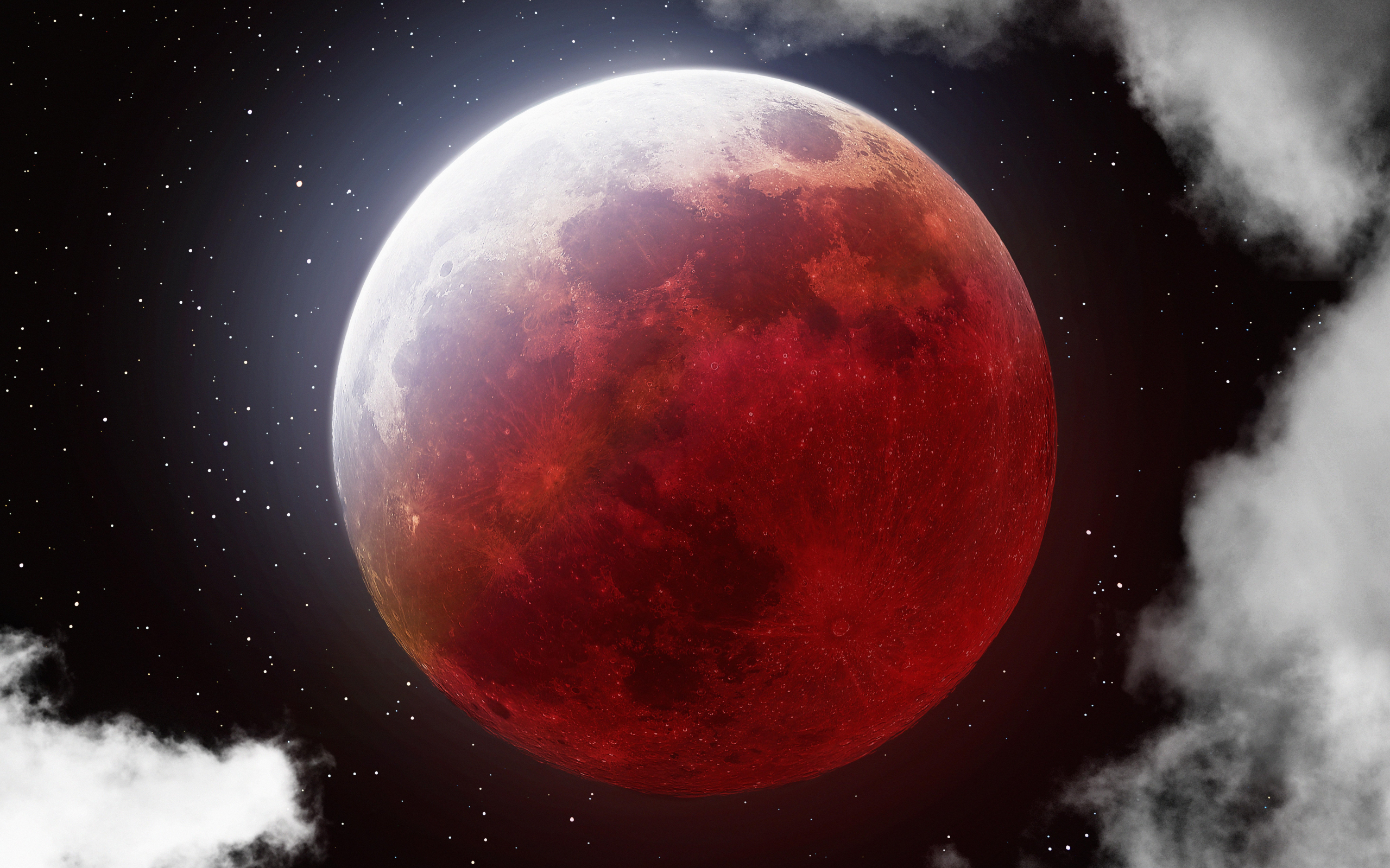 lunar, eclipse, blood, moon, clouds, stars