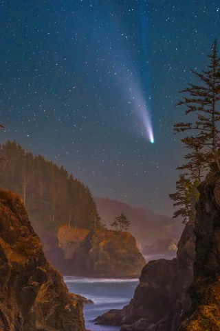 lake, mountains, starred, sky