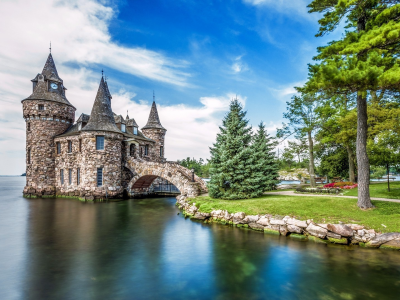 ancient, architecture, bench, bridge, castle, clock tower, clouds, flower, land, lake, landscape