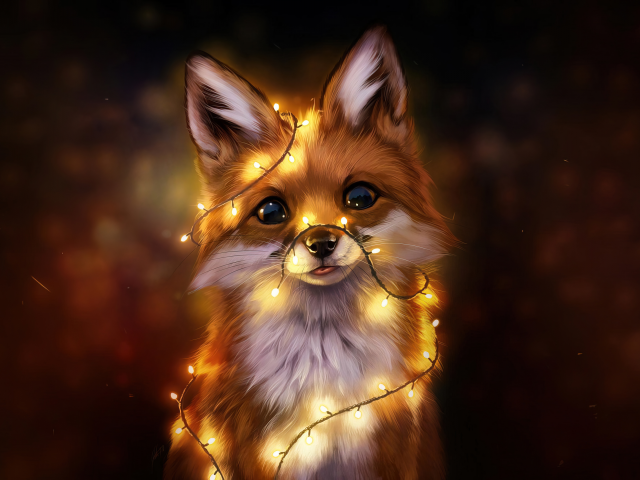 fox, tangled in lights