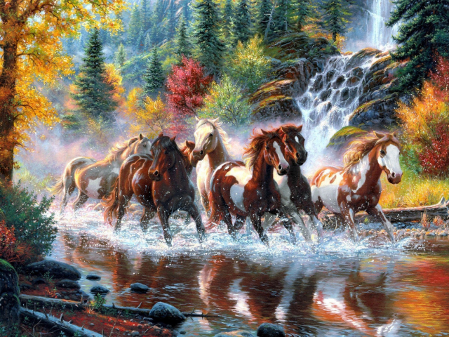 painting, nature, horses, river, forest, running
