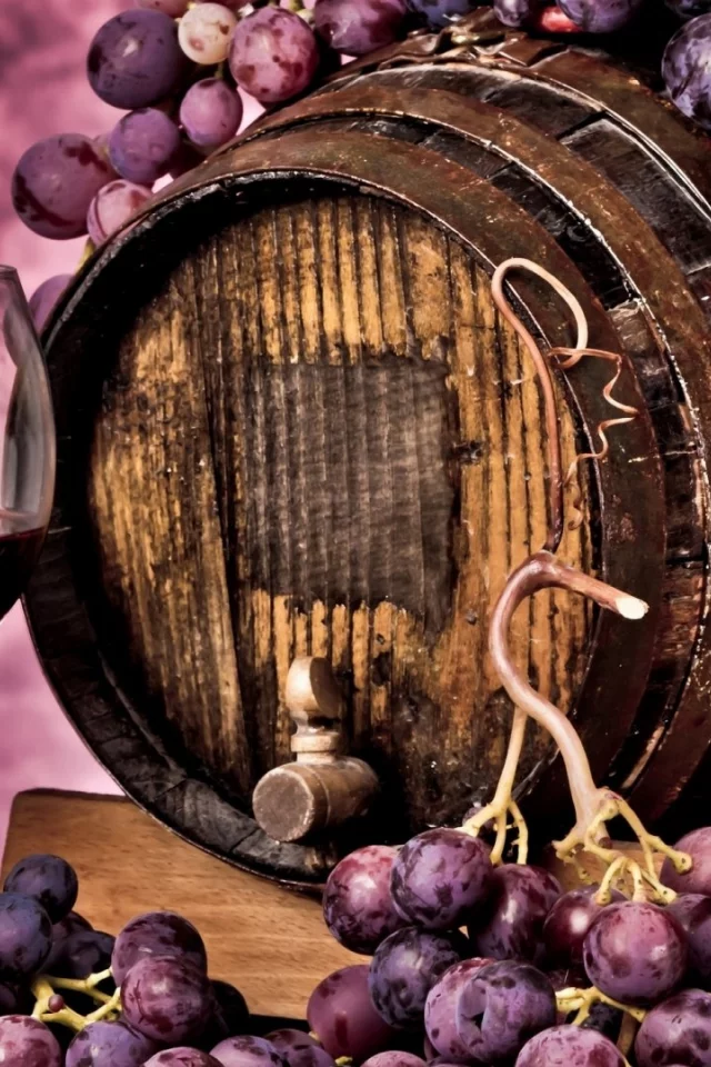 barrel, wine, glass, grapes