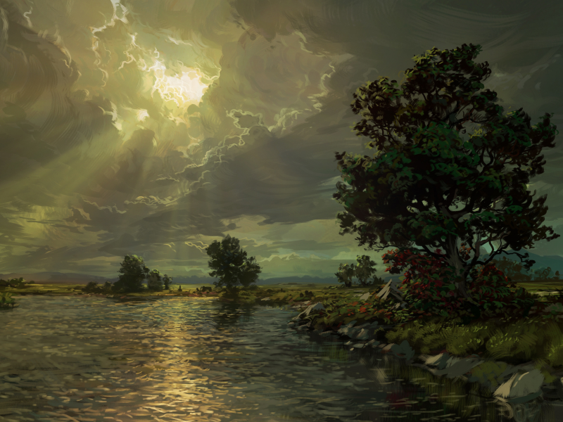 landscape, painting, nature, lake, tree, clouds, sun