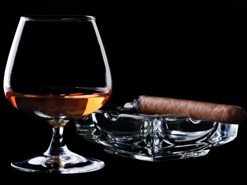 cognac, glass, ashtray, cigar