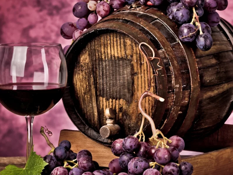 barrel, wine, glass, grapes