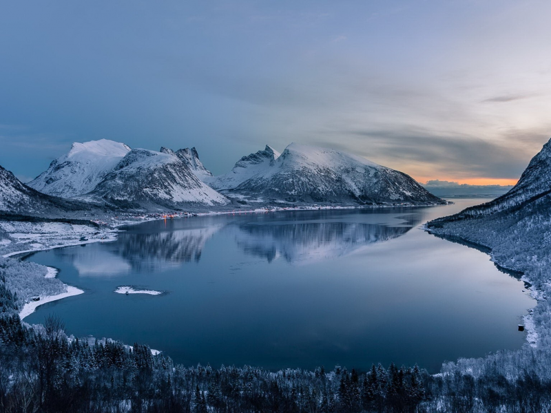 landscape, bay, snow, mountains