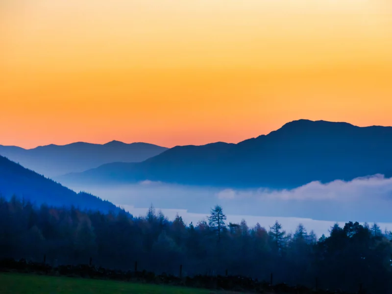 loch ness, silhouette, mountain, sunset, orange, sky, foggy, dusk