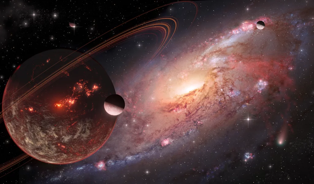 space, planet, rings, meteorites