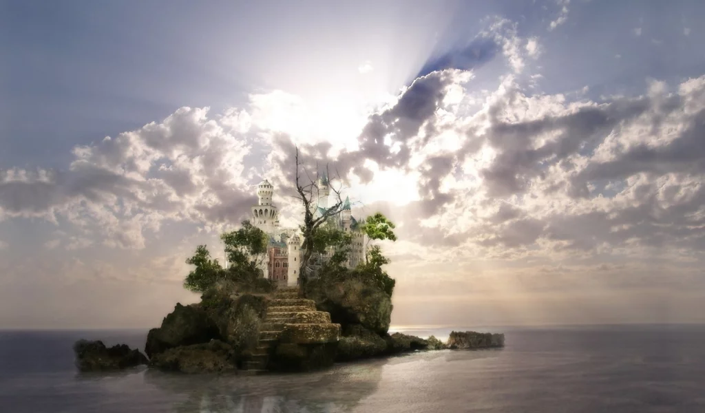 castle, sky, clouds, island