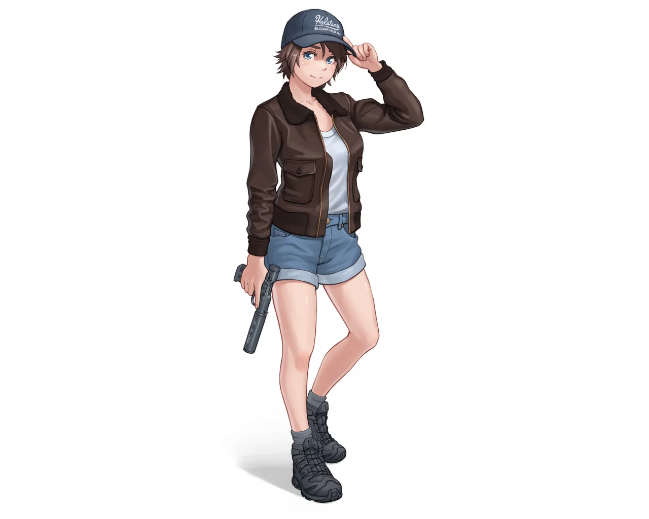 gun, jacket, shorts, hat, brunette, original, characters