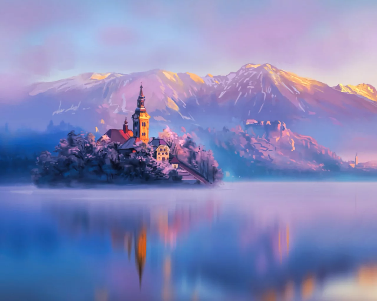landscape, mountains, lake, island