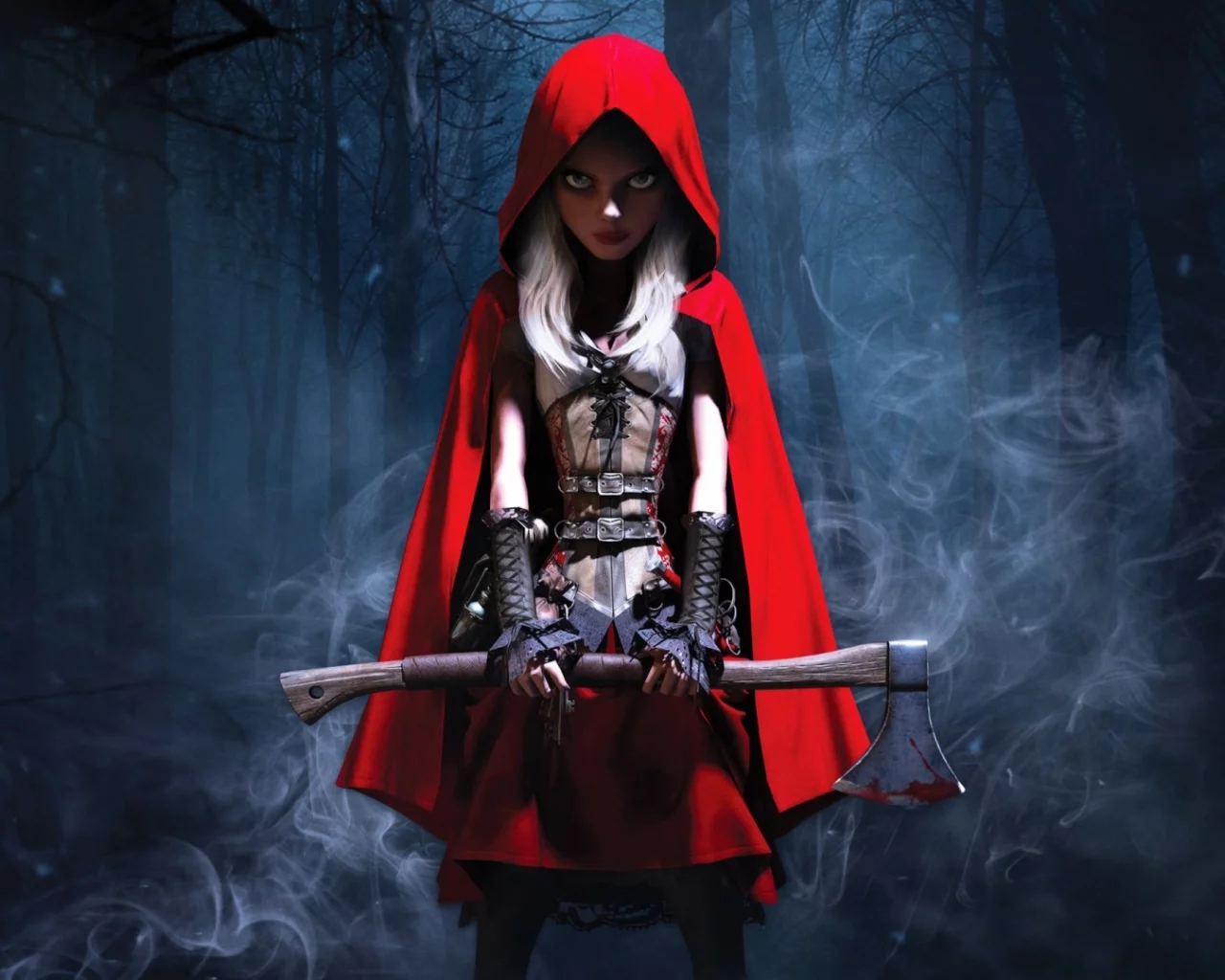 fantasy, forest, night, little red riding hood, axe