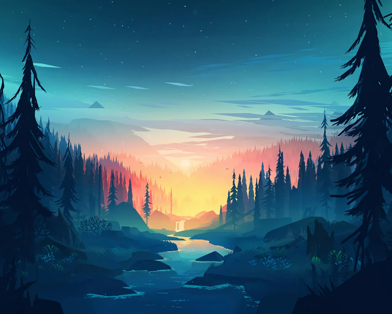 landscape, nature, night, forest, river