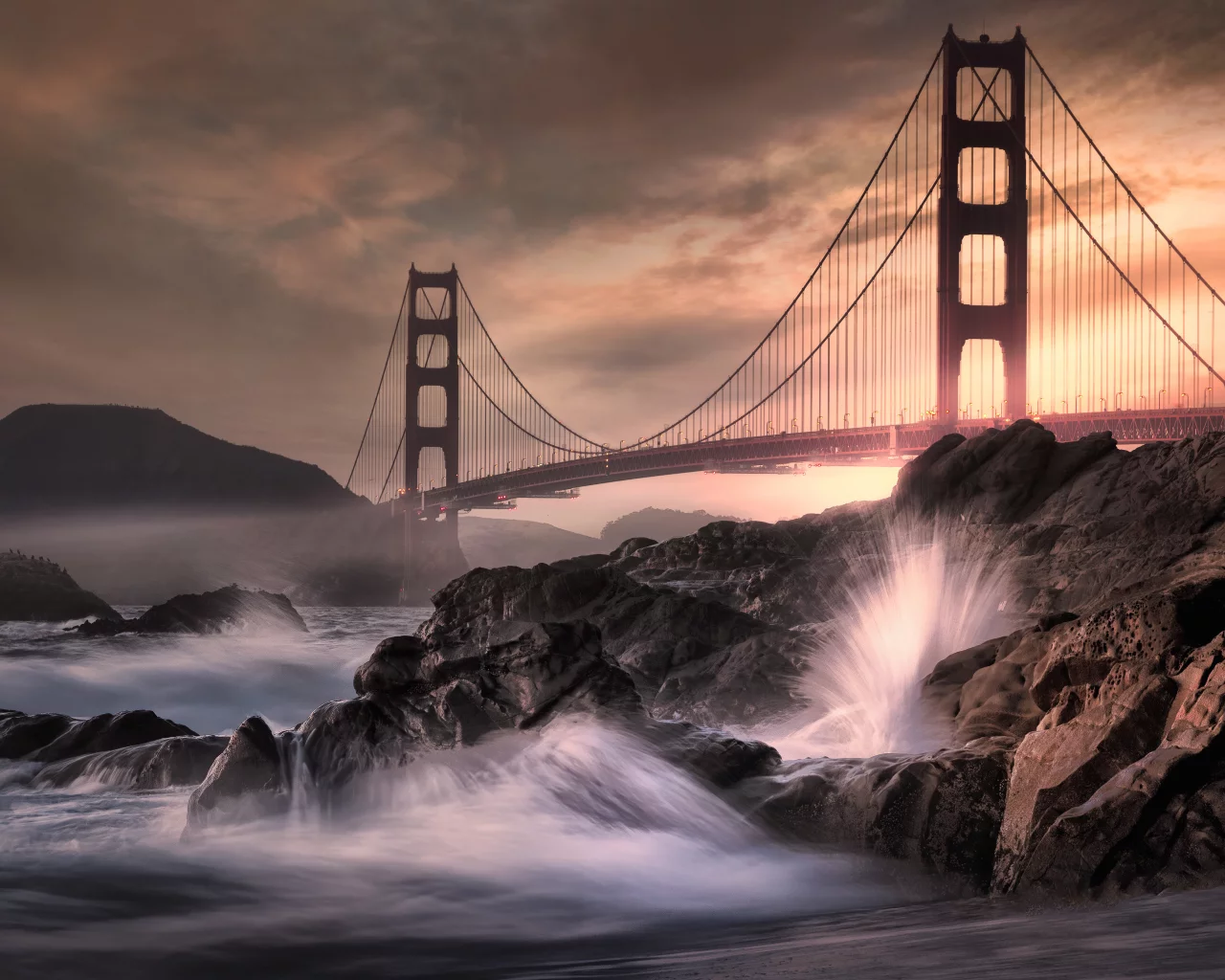 golden gate bridge, california, rocky, coast, water splash long
