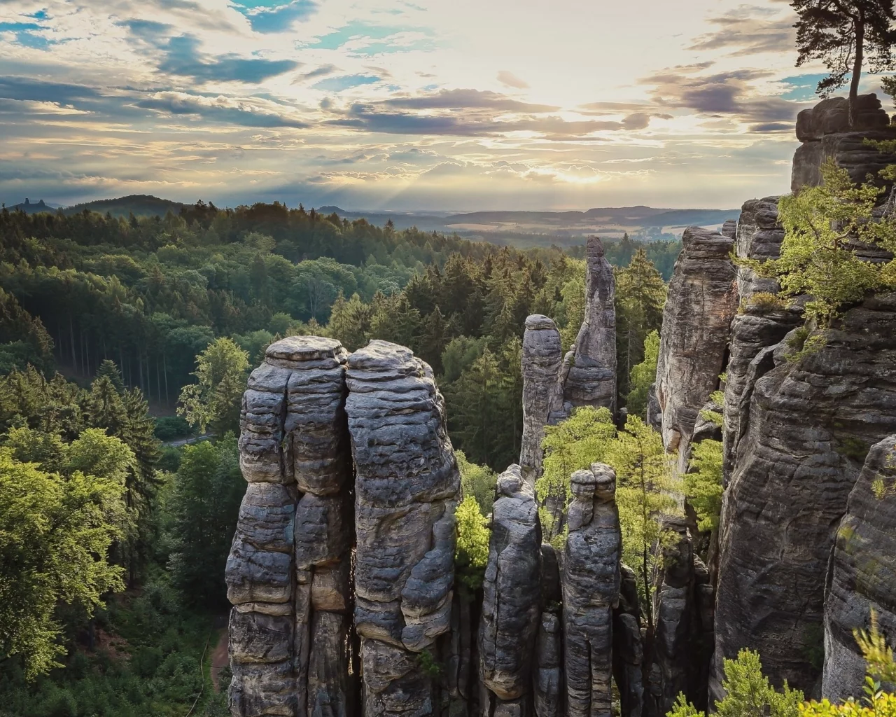 nature, landscape, sunset, rock formation, forest, clouds, sky, hill, trees, czech republic