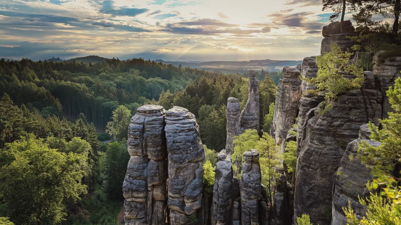 nature, landscape, sunset, rock formation, forest, clouds, sky, hill, trees, czech republic