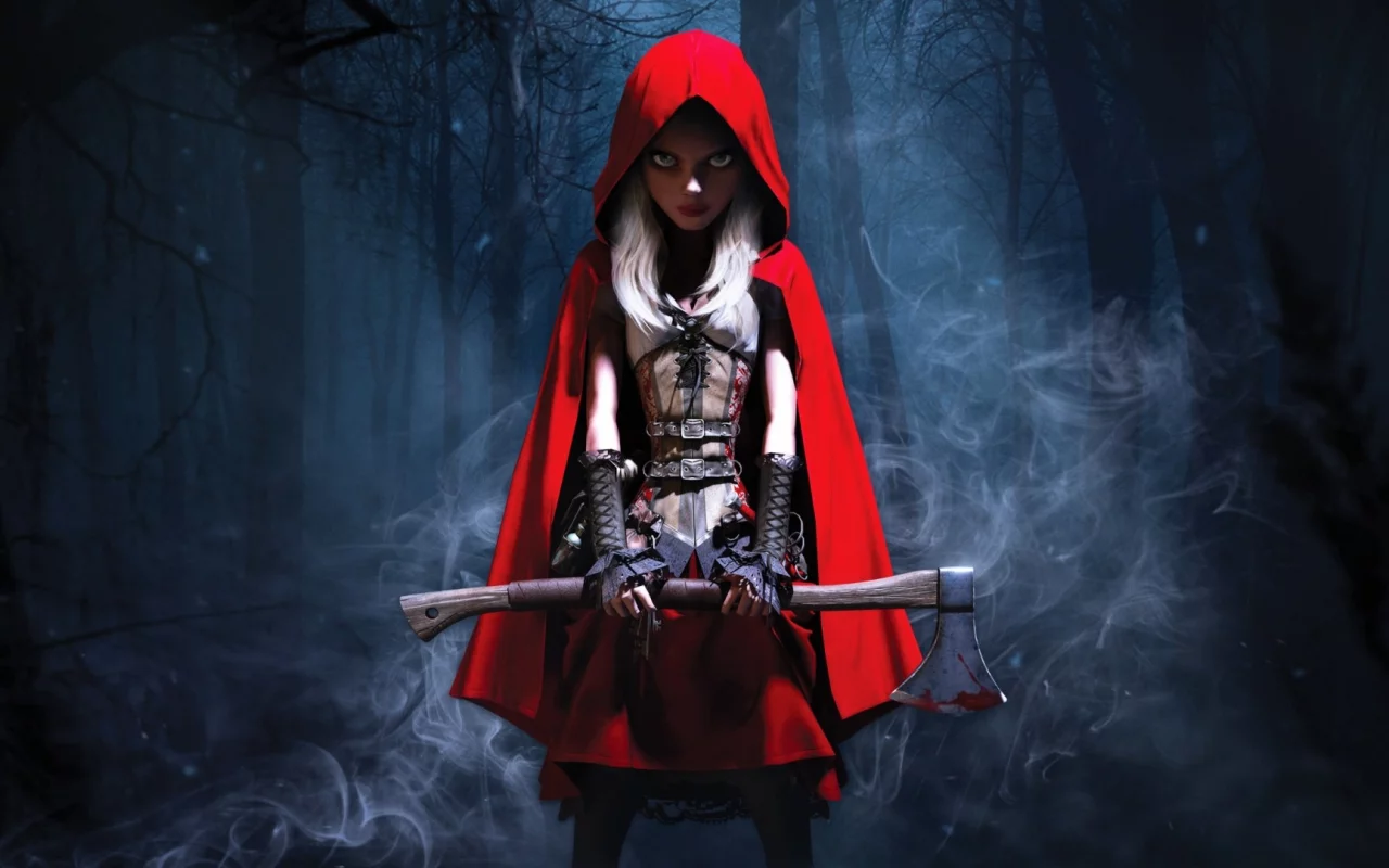 fantasy, forest, night, little red riding hood, axe